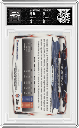 Rob Gronkowski from the 2014 Topps Chrome set featuring a Green Refractor parallel graded by Arena Club and given an overall grade of 8.5.