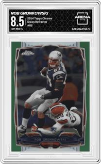Rob Gronkowski from the 2014 Topps Chrome set featuring a Green Refractor parallel graded by Arena Club and given an overall grade of 8.5.