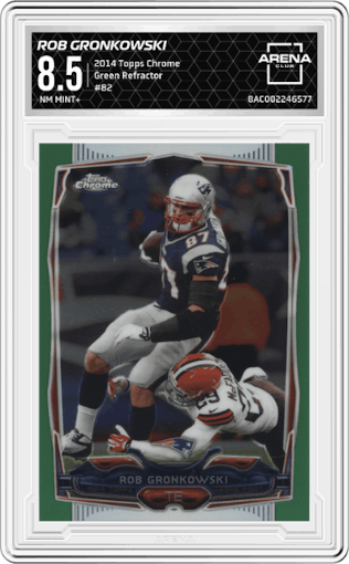 Rob Gronkowski from the 2014 Topps Chrome set featuring a Green Refractor parallel graded by Arena Club and given an overall grade of 8.5.
