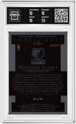 Brandon Clarke from the 2019-20 Panini Impeccable set featuring a Red parallel graded by Arena Club and given an overall grade of 8.