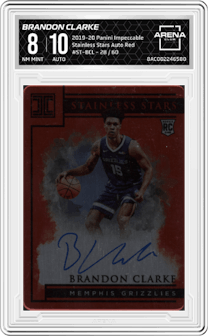 Brandon Clarke from the 2019-20 Panini Impeccable set featuring a Red parallel graded by Arena Club and given an overall grade of 8.