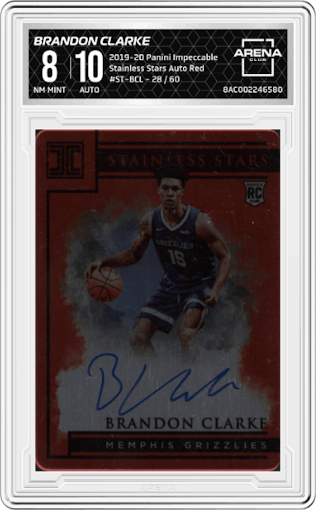 Brandon Clarke from the 2019-20 Panini Impeccable set featuring a Red parallel graded by Arena Club and given an overall grade of 8.