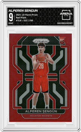 Alperen Sengun from the 2021-22 Panini Prizm  set featuring a Red Prizm parallel graded by Arena Club and given an overall grade of 9.