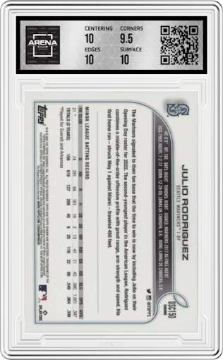 Julio Rodriguez from the 2022 Topps Chrome Update set featuring a Purple Refractor parallel graded by Arena Club and given an overall grade of 10.