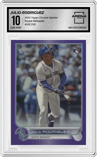 Julio Rodriguez from the 2022 Topps Chrome Update set featuring a Purple Refractor parallel graded by Arena Club and given an overall grade of 10.