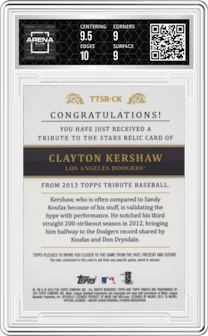 Clayton Kershaw from the 2013 Topps Tribute set graded by Arena Club and given an overall grade of 9.5.