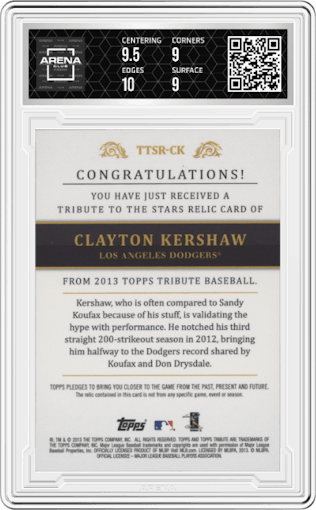 Clayton Kershaw from the 2013 Topps Tribute set graded by Arena Club and given an overall grade of 9.5.