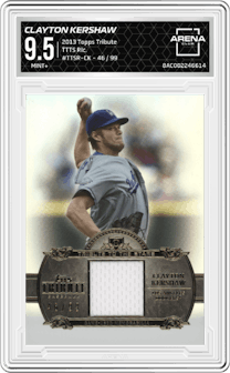 Clayton Kershaw from the 2013 Topps Tribute set graded by Arena Club and given an overall grade of 9.5.