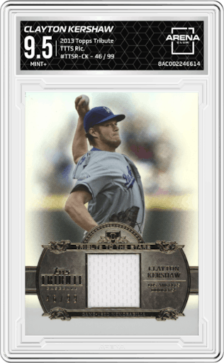 Clayton Kershaw from the 2013 Topps Tribute set graded by Arena Club and given an overall grade of 9.5.
