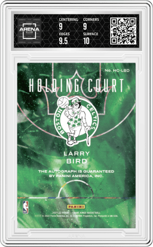 Larry Bird from the 2021-22 Panini Court Kings set featuring a Jade parallel graded by Arena Club and given an overall grade of 9.5.