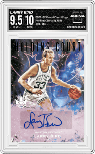 Larry Bird from the 2021-22 Panini Court Kings set featuring a Jade parallel graded by Arena Club and given an overall grade of 9.5.