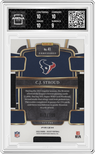 C.J. Stroud from the 2023 Panini Select set featuring a Die-Cut White parallel graded by Arena Club and given an overall grade of 9.5.