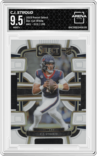C.J. Stroud from the 2023 Panini Select set featuring a Die-Cut White parallel graded by Arena Club and given an overall grade of 9.5.