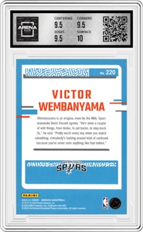 Victor Wembanyama from the 2023-24 Panini Donruss set featuring a Green Holo Laser  parallel graded by Arena Club and given an overall grade of 10.