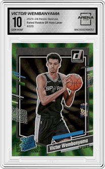 Victor Wembanyama from the 2023-24 Panini Donruss set featuring a Green Holo Laser  parallel graded by Arena Club and given an overall grade of 10.