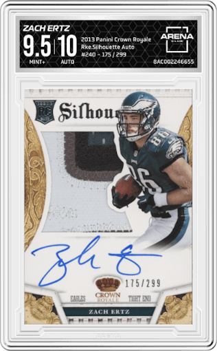 Zach Ertz from the 2013 Panini Crown Royale set graded by Arena Club and given an overall grade of 9.5.