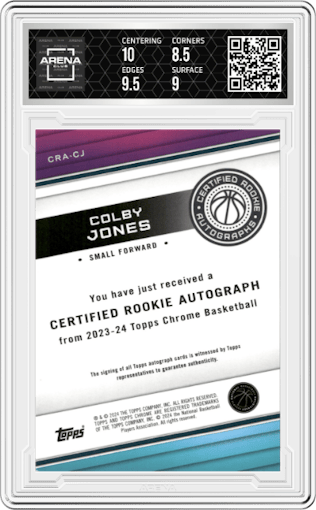 Colby Jones from the 2023-24 Topps Chrome set featuring a Orange Refractors parallel graded by Arena Club and given an overall grade of 9.