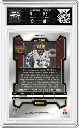 Darrick Forrest Jr. from the 2023 Panini Prizm set featuring a No Huddle Blue parallel graded by Arena Club and given an overall grade of 9.5.