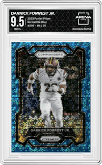 Darrick Forrest Jr. from the 2023 Panini Prizm set featuring a No Huddle Blue parallel graded by Arena Club and given an overall grade of 9.5.
