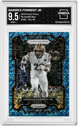 Darrick Forrest Jr. from the 2023 Panini Prizm set featuring a No Huddle Blue parallel graded by Arena Club and given an overall grade of 9.5.