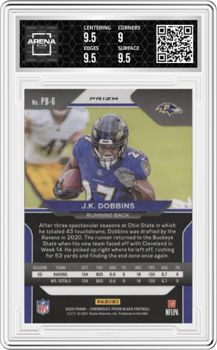 J.K. Dobbins from the 2020 Panini Chronicles set featuring a Silver parallel graded by Arena Club and given an overall grade of 9.5.