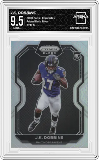 J.K. Dobbins from the 2020 Panini Chronicles set featuring a Silver parallel graded by Arena Club and given an overall grade of 9.5.