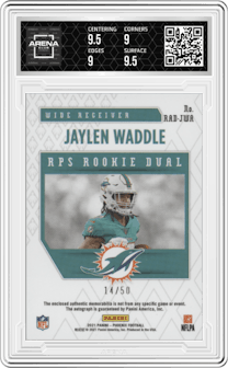Jaylen Waddle from the 2021 Panini Phoenix set featuring a Orange parallel graded by Arena Club and given an overall grade of 9.5.