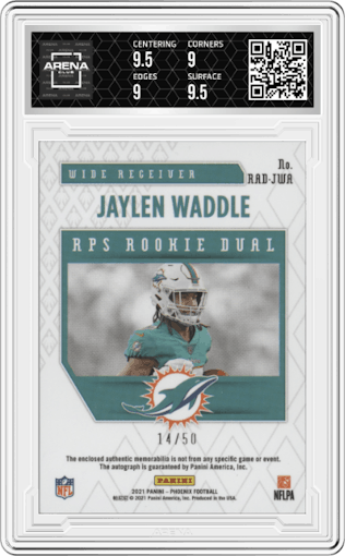Jaylen Waddle from the 2021 Panini Phoenix set featuring a Orange parallel graded by Arena Club and given an overall grade of 9.5.