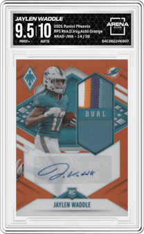 Jaylen Waddle from the 2021 Panini Phoenix set featuring a Orange parallel graded by Arena Club and given an overall grade of 9.5.