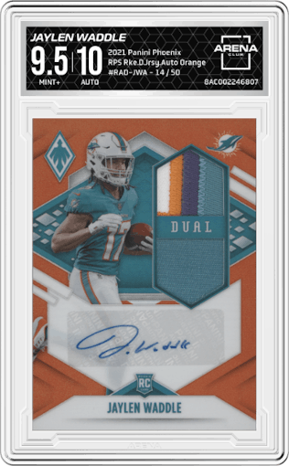 Jaylen Waddle from the 2021 Panini Phoenix set featuring a Orange parallel graded by Arena Club and given an overall grade of 9.5.
