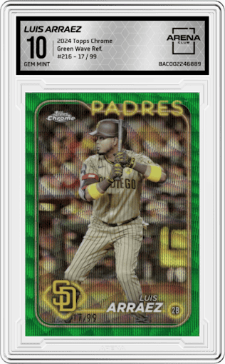 Luis Arraez from the 2024 Topps Chrome set featuring a Green Wave Refractor parallel graded by Arena Club and given an overall grade of 10.