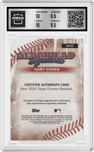 Gary Cohen from the 2024 Topps Chrome set graded by Arena Club and given an overall grade of 10.