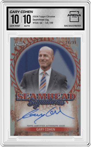 Gary Cohen from the 2024 Topps Chrome set graded by Arena Club and given an overall grade of 10.