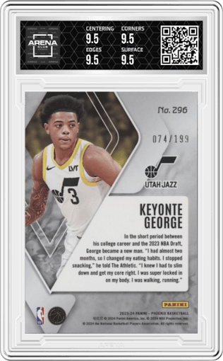 Keyonte George from the 2023-24 Panini Phoenix set featuring a Red parallel graded by Arena Club and given an overall grade of 9.5.