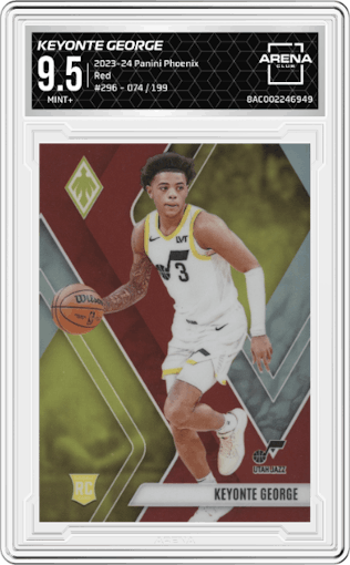 Keyonte George from the 2023-24 Panini Phoenix set featuring a Red parallel graded by Arena Club and given an overall grade of 9.5.