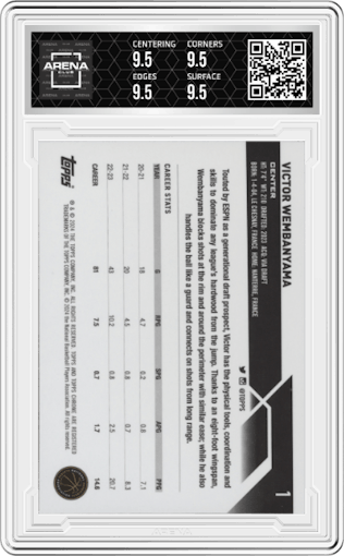 Victor Wembanyama from the 2023-24 Topps Chrome set graded by Arena Club and given an overall grade of 9.5.