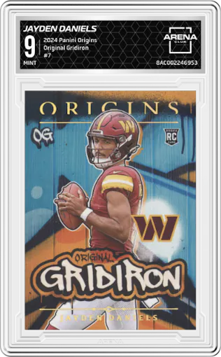 Jayden Daniels from the 2024 Panini Origins set graded by Arena Club and given an overall grade of 9.