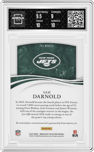 Sam Darnold from the 2020 Panini Immaculate Collection set graded by Arena Club and given an overall grade of 9.5.