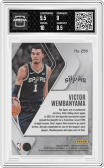 Victor Wembanyama from the 2023-24 Panini Phoenix set graded by Arena Club and given an overall grade of 9.