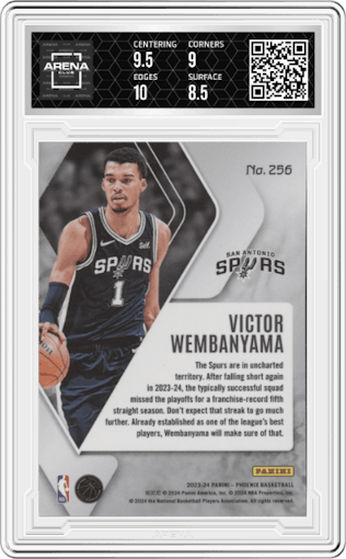Victor Wembanyama from the 2023-24 Panini Phoenix set graded by Arena Club and given an overall grade of 9.