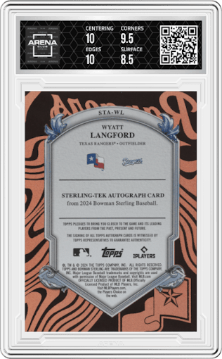 Wyatt Langford from the 2024 Bowman Sterling set featuring a Rose Gold parallel graded by Arena Club and given an overall grade of 9.