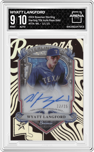 Wyatt Langford from the 2024 Bowman Sterling set featuring a Rose Gold parallel graded by Arena Club and given an overall grade of 9.