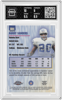 Barry Sanders from the 1999 Topps Chrome set featuring a Refractor parallel graded by Arena Club and given an overall grade of 9.