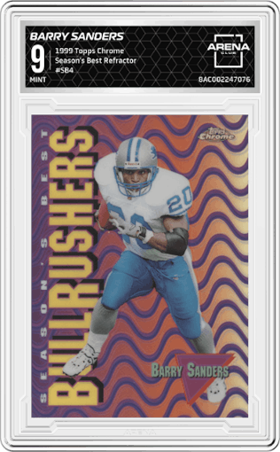 Barry Sanders from the 1999 Topps Chrome set featuring a Refractor parallel graded by Arena Club and given an overall grade of 9.