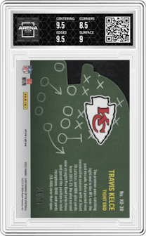 Travis Kelce from the 2023 Panini Contenders Optic set featuring a Pink parallel graded by Arena Club and given an overall grade of 9.