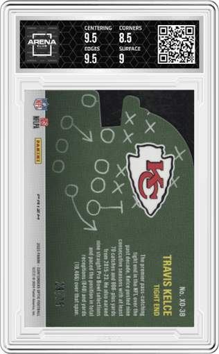 Travis Kelce from the 2023 Panini Contenders Optic set featuring a Pink parallel graded by Arena Club and given an overall grade of 9.