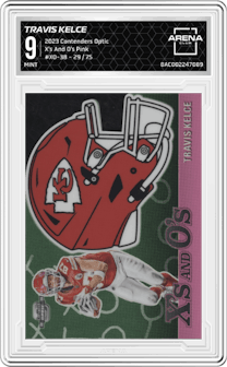 Travis Kelce from the 2023 Panini Contenders Optic set featuring a Pink parallel graded by Arena Club and given an overall grade of 9.