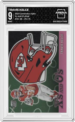 Travis Kelce from the 2023 Panini Contenders Optic set featuring a Pink parallel graded by Arena Club and given an overall grade of 9.