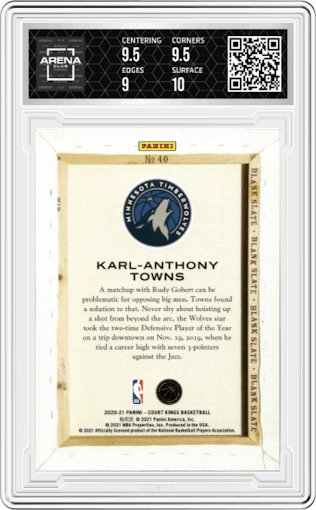 Karl-Anthony Towns from the 2020-21 Panini Court Kings set graded by Arena Club and given an overall grade of 9.5.