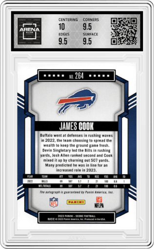 James Cook from the 2023 Panini Score set graded by Arena Club and given an overall grade of 10.